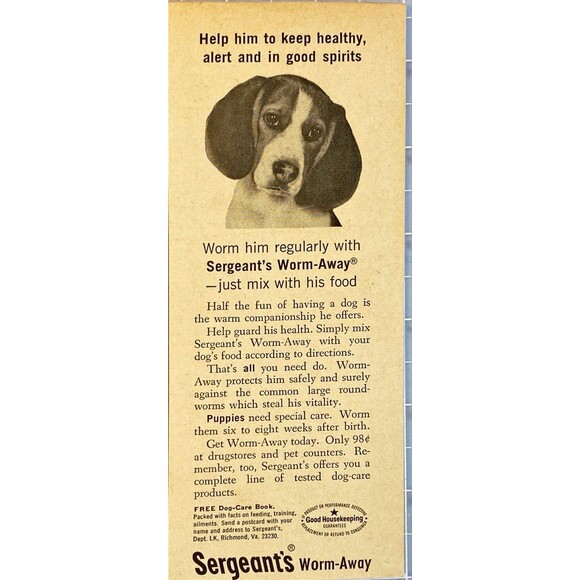 Sergeant's Worm-Away "Keep your Dog Healthy Alert in Good Spirits" Print Ad 1965 - Picture 1 of 3